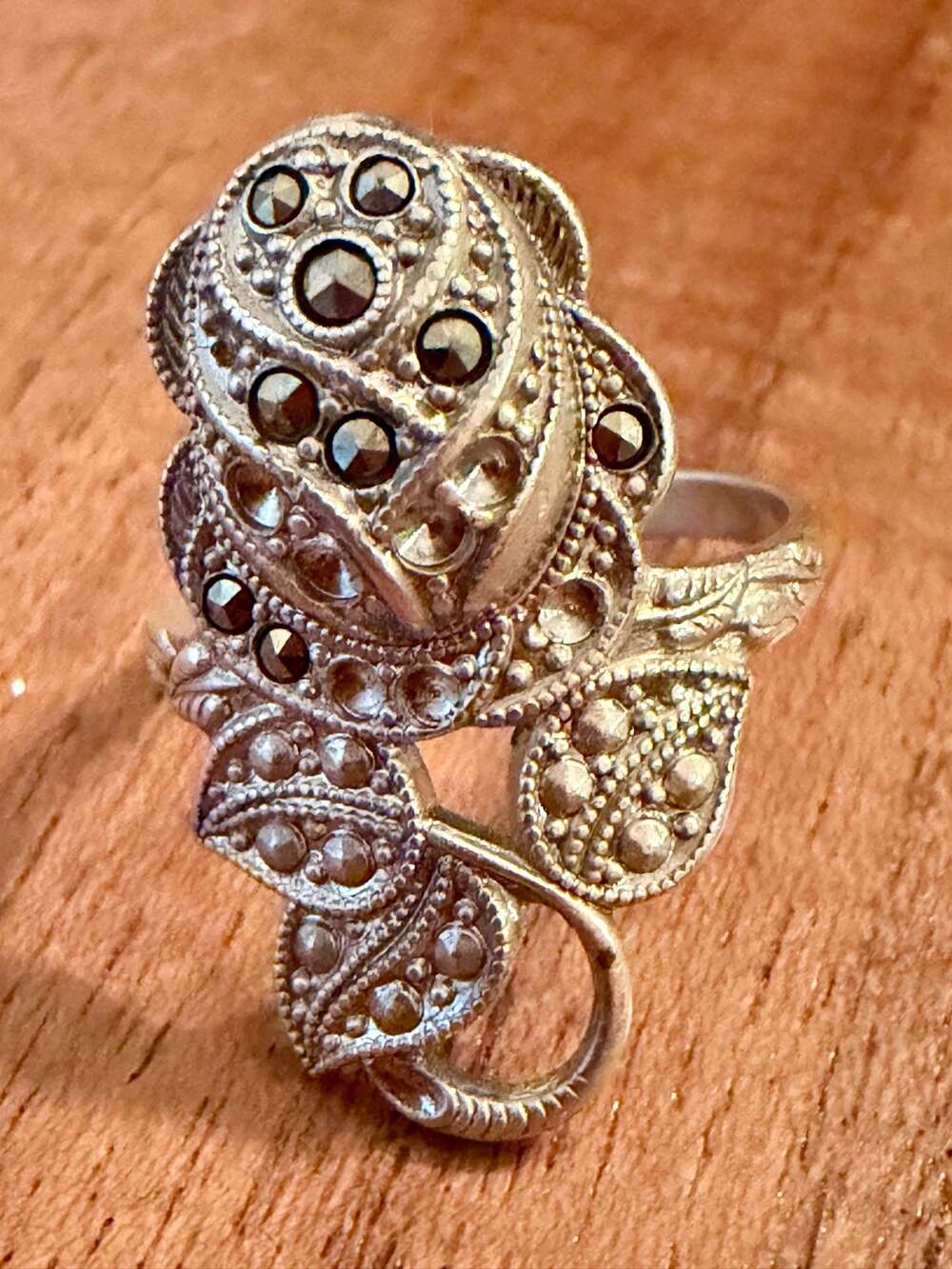 Vintage Clark & Coombs Sterling Silver Rose Flower Marcasite Statement Ring